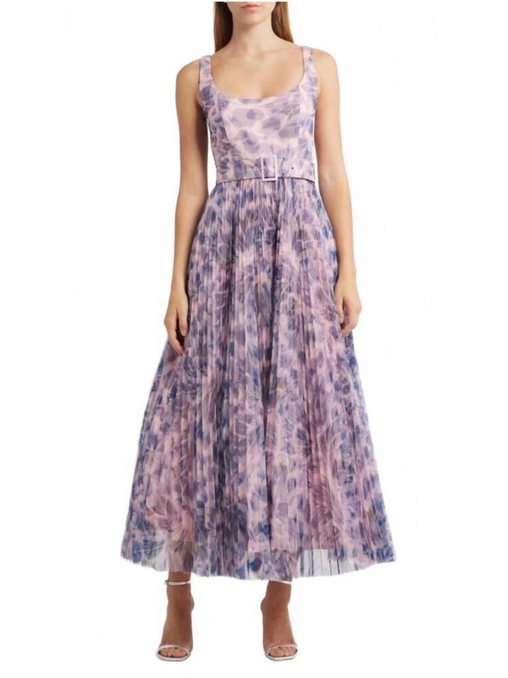 Hutch Pink and Lavender Printed Sleeveless Midi Dress with Belt